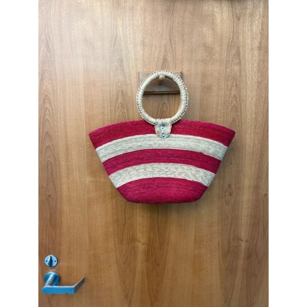 Large red stripe woven handbag/beach bag with round handles